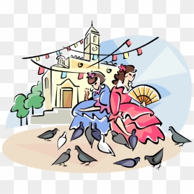 Vector Illustration Of Spanish Girls Feeding The Pigeon - Cartoon, HD Png Download - pigeon vector png