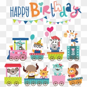 Animals Birthday Vector Illustration Cartoon Card - Baby Train Vector Animals, HD Png Download - birthday cartoon png