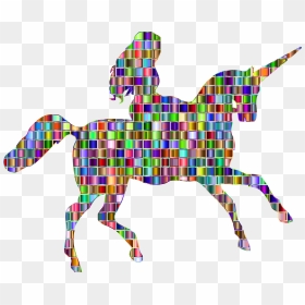 Chromatic Mosaic Woman Riding Unicorn Clip Arts - People Riding Unicorns Transparent, HD Png Download - rainbow unicorn png