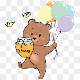 Cute Bear With Honey And Balloons Clipart - Cartoon, HD Png Download - balloons clipart png