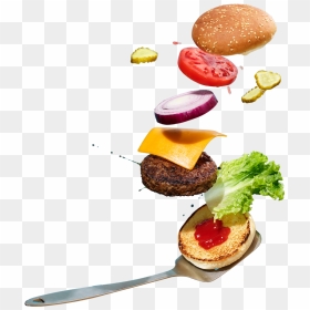 A Deconstructed Photograph Of A Hamburger Being Flipped - Junk Food, HD Png Download - hamburgers png