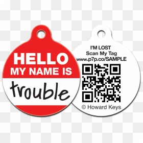 Qr Code Pet Id Tag With A "hello, My Name Is Trouble, HD Png Download - hello my name is tag png