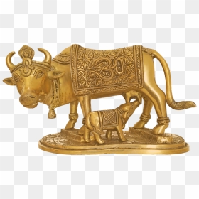 Handcurved Kamadhenu Cow Feeding Calf Brass Statue, - Statue, HD Png Download - indian cow with calf png