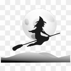 Silhouette,monochrome Photography,fictional Character - Cartoon Witch On Broom, HD Png Download - witch broom png