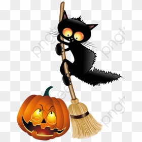 Black Cat Clipart Illustration - Halloween Witch On A Broom, HD Png Download - cartoon pumpkin png