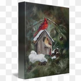Cardinals On Snow Covered Birdhouse By Brenda Thour - Christmas Card, HD Png Download - cardinals png