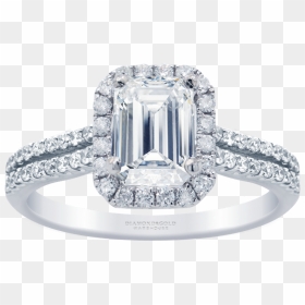 Emerald Diamond Halo Engagement Ring - 3 Stone Baguette Cut, HD Png Download - halo ring png