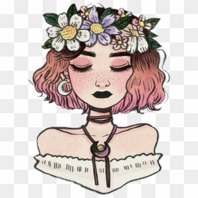 #girl #tumblr #vintage #flowers #crown #girltumblr - Cute Girl With Flower Crown Drawing, HD Png Download - girl drawing png