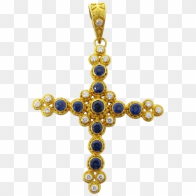 Large 22k Yellow Gold Sapphire And Diamond Cross Pendant - Pendant, HD Png Download - cross necklace png