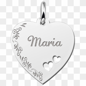 Silver Engraved Heart Nametag Flower Design Hearts - Locket, HD Png Download - silver heart png