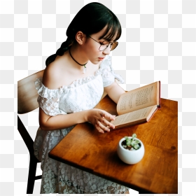 Girl In White Dress Reading Book On A Table And Chair - Girls Reading Book Pnfg, HD Png Download - white dress png