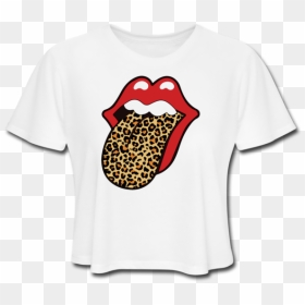 Rolling Stones Lips With Leopard Tongue Crop T-shirt - Rolling Stones Cheetah Print Tongue, HD Png Download - rolling stones tongue png
