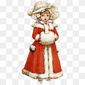 Old Drawing Of Girl In Winter Dress - Vintage Christmas Girls Clipart, HD Png Download - christmas angel png