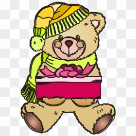 Holiday Teddy Bear With Gift Vector Illustration - Clip Art, HD Png Download - teddy bear vector png