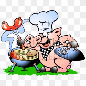 Chef Pig Bbq Grill Cooking Hotdogs & Chicken - Bbq Cartoon Pig, HD Png Download - barbecue grill png