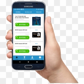 Hand Holding A Phone With The Rafflholic App Showing - Android Mobile In Hand, HD Png Download - hand holding cell phone png