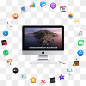 An Imac Surrounded By The Icons For The Built-in Apps - Apple Imac, HD Png Download - apple tv icon png