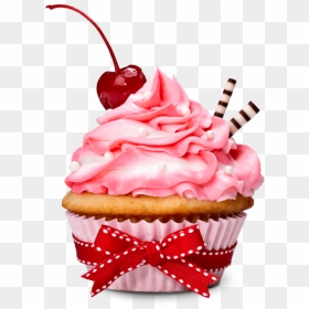 Cup Cake With Cherry And Bow, HD Png Download - pink cupcake png