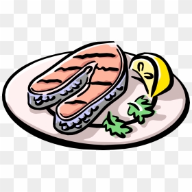 Vector Illustration Of Grilled Salmon Served On Plate - Grilled Salmon Clip Art, HD Png Download - lemon wedge png