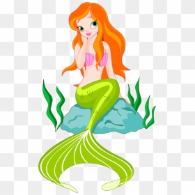 Cute Mermaid - Cartoon Mermaid On Rock, HD Png Download - cute mermaid png