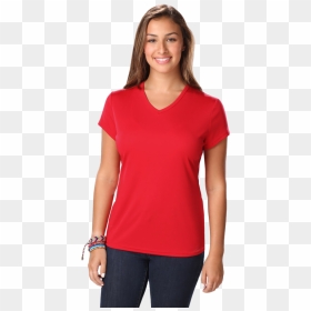 Ladies Value Wicking V Neck T - Female Long Sleeve Orange, HD Png Download - red t shirt png