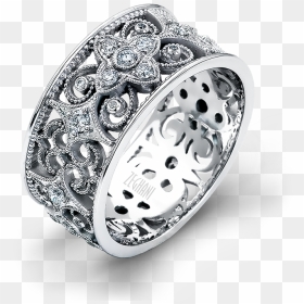 This Lovely 14k White Gold Scroll Pattern Band Is Adorned - Titanium Ring, HD Png Download - gold scroll png