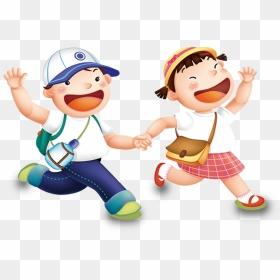 Holding Hands Skipping Cartoon, HD Png Download - school kids png