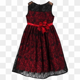 Red Satin With Black Floral Lace Overlay Occasion Dress - Little Black Dress, HD Png Download - lace overlay png