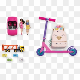 Assortment Of Kids Toys Including A Scooter, Backpack, - Kids Toys, HD Png Download - kids toys png