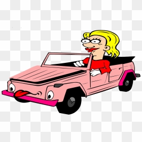 Cabriolet,cartoon,blond Woman,tongue,pink,red Dress,ugly, - Drive A Car Cartoon, HD Png Download - cartoon tongue png