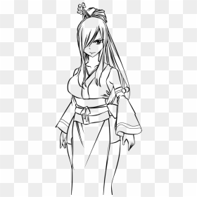 Anime Kimono Line Art Png , Png Download - Erza Fairy Tail Drawing, Transparent Png - anime lineart png