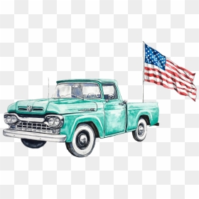 #watercolor #truck #teal #ford #pickup #antique #retro - Antique Truck Water Color, HD Png Download - vintage american flag png