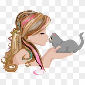 Girl Kissing Cat Cartoon, HD Png Download - cat girl png