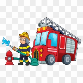 Fireman With Fire Truck Cartoon, HD Png Download - truck cartoon png